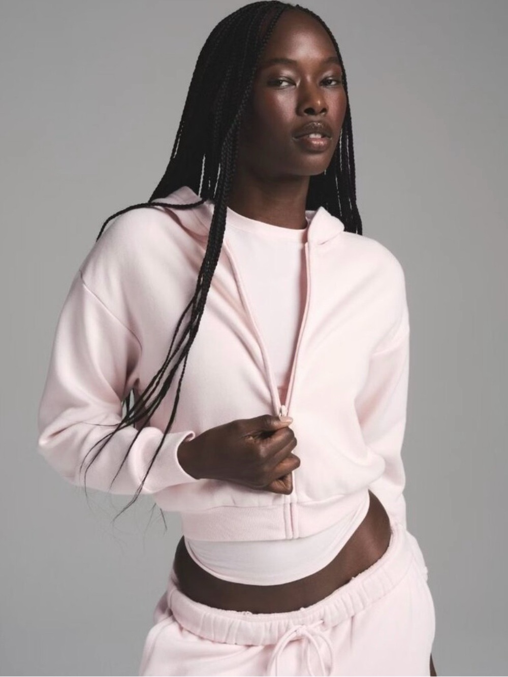 NWT SKIMS Cotton Fleece Shrunken Zip Up Hoodie in Barely Pink Sz M